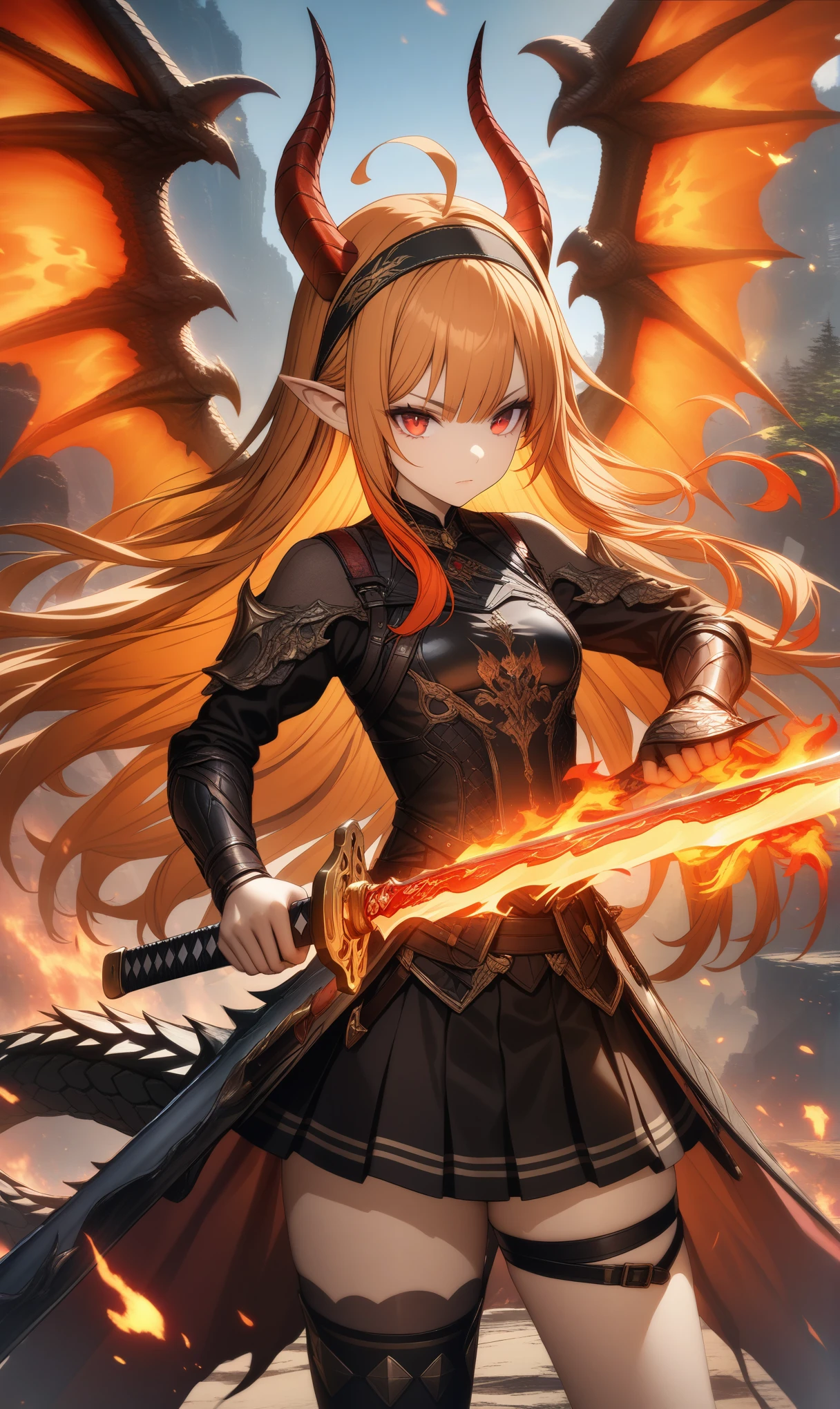 32k, best quality, ultra high res, HDR, UHD, extremely detailed CG, unity 32k wallpaper, 16k, 1girl, solo, long hair, bangs, skirt, red eyes, thighhighs, holding, tail, weapon, ahoge, multicolored hair, hairband, wings, horns, pointy ears, sword, holding weapon, orange hair, holding sword, katana, fire, single thighhigh, sheath, dragon horns, dragon girl, dragon tail, unsheathing, dragon wings, breathing fire, flaming weapon, flaming sword,