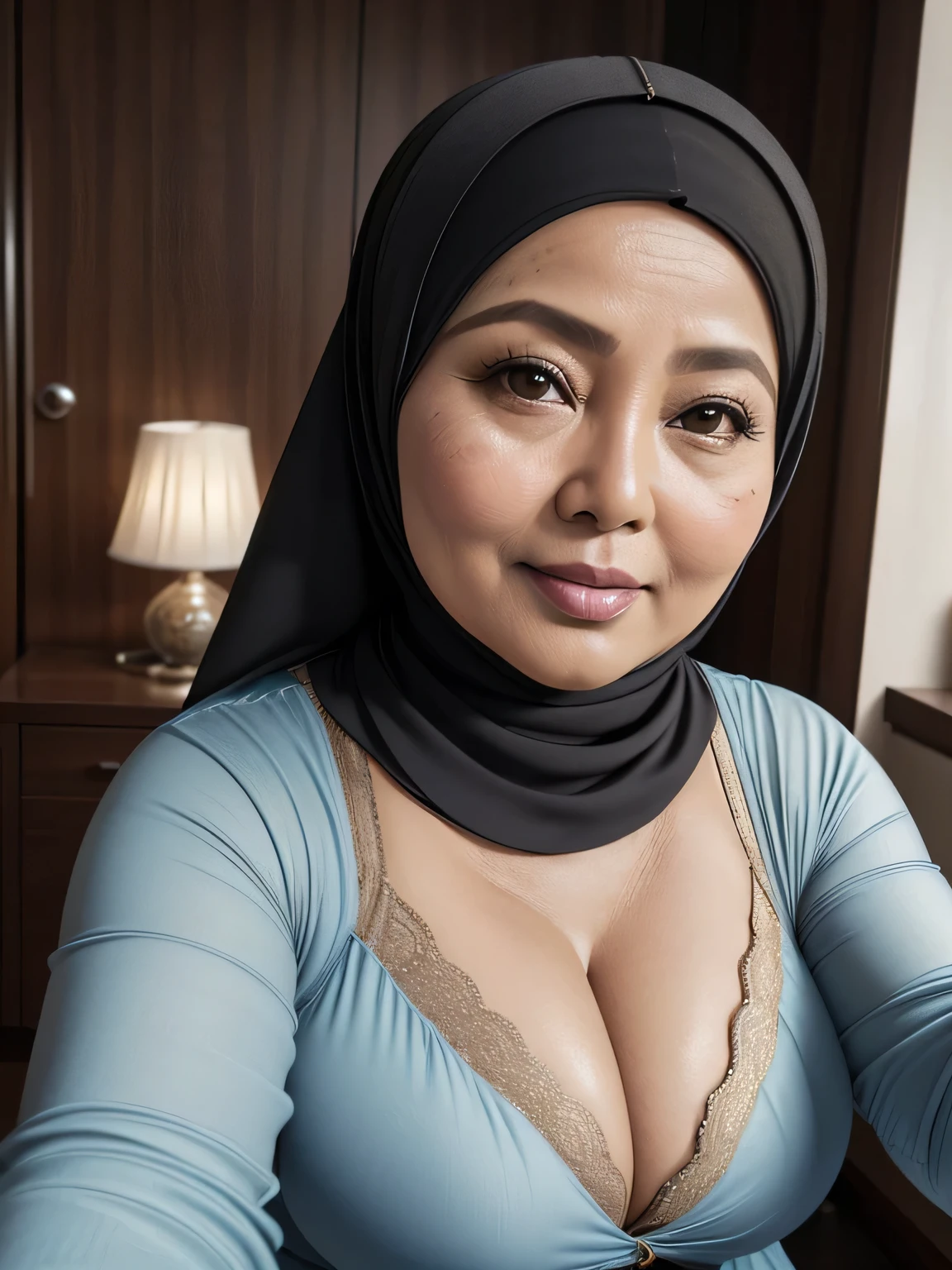 ((selfie photo)) (Realistic) ((Sexy Hijab)) (real mature face) (old beauty) 62 Years old fat Indonesian mature woman, sexy curvy, (sexy chubby body shape), (natural makeup), Big : 34.9, Breast about to burst Out, (exposed cleavage) (old woman in Jakarta) soft smile, facing at camera, half body - professional photography with excellent lighting. Dynamic background