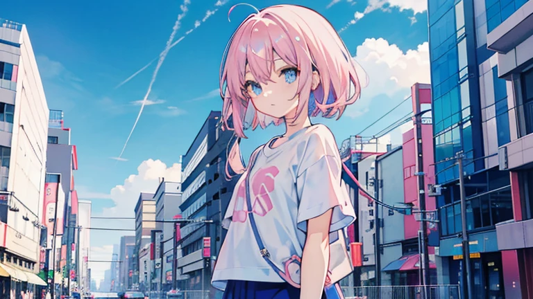 Anime images of Japan1People Girl、blue eyes、Pink shortcuts、Grey T-shirt、 Tokyo cityscape、blue sky、White cloud、Size is 16:9 please