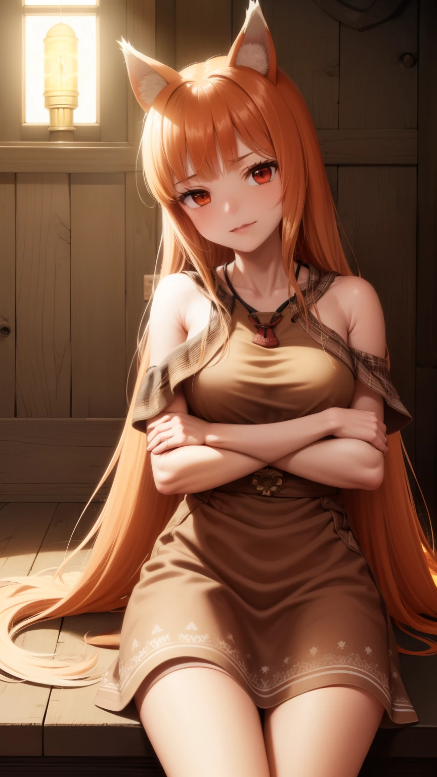  Ultra-detailed, HDR, UHD, ultra-fine painting, physical based rendering, extreme detail description, Professional, full-length portrait, landscape, style of Concept Artists, with a vibrant color palette, soft-lighting, 1girl, long hair, brown hair, animal ears, red eyes, wolf tail, necklace, (shy,red face, ahegao face expression:1.5), (masturbate, spread legs, undressing, nude, medieval dress:1.5), (near woden wall, first time, first sex, village girl:1.5), (with wolf ears), (red wolf girl, Wolf Female), (muscular strong body), (body scars, damaged), holy magic, seductive sexy pose