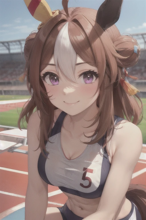 copano rickey \(umamusume\), ((ultra-detailed face)), symmetrical face, beautiful face, (masterpiece), best quality, muscle, abs, horse tail, large tits, smile, athletics track, sports bra, hand between legs, stadium