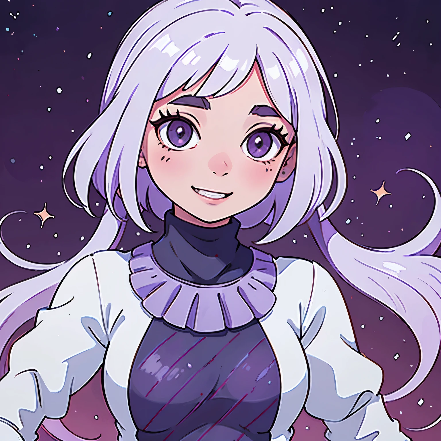 Uma garota parecida com a Ochaco Uraraka, mas essa garota tem os cabelos longos e roxos, e uma franja, Rla also has bright purple eyes and white skin along with a beautiful smile.