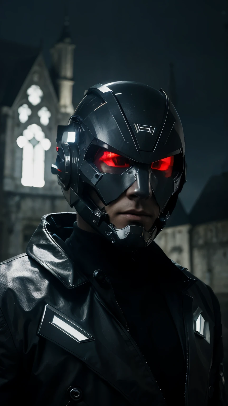 Masterpiece, best quality, Medium shot of a futuristic looking cyborg man with an amazing cyber helmet with white triangular LED lights mixed with gold and halo., Wearing a black Techwear jacket, The background is the façade of a gloomy medieval castle.