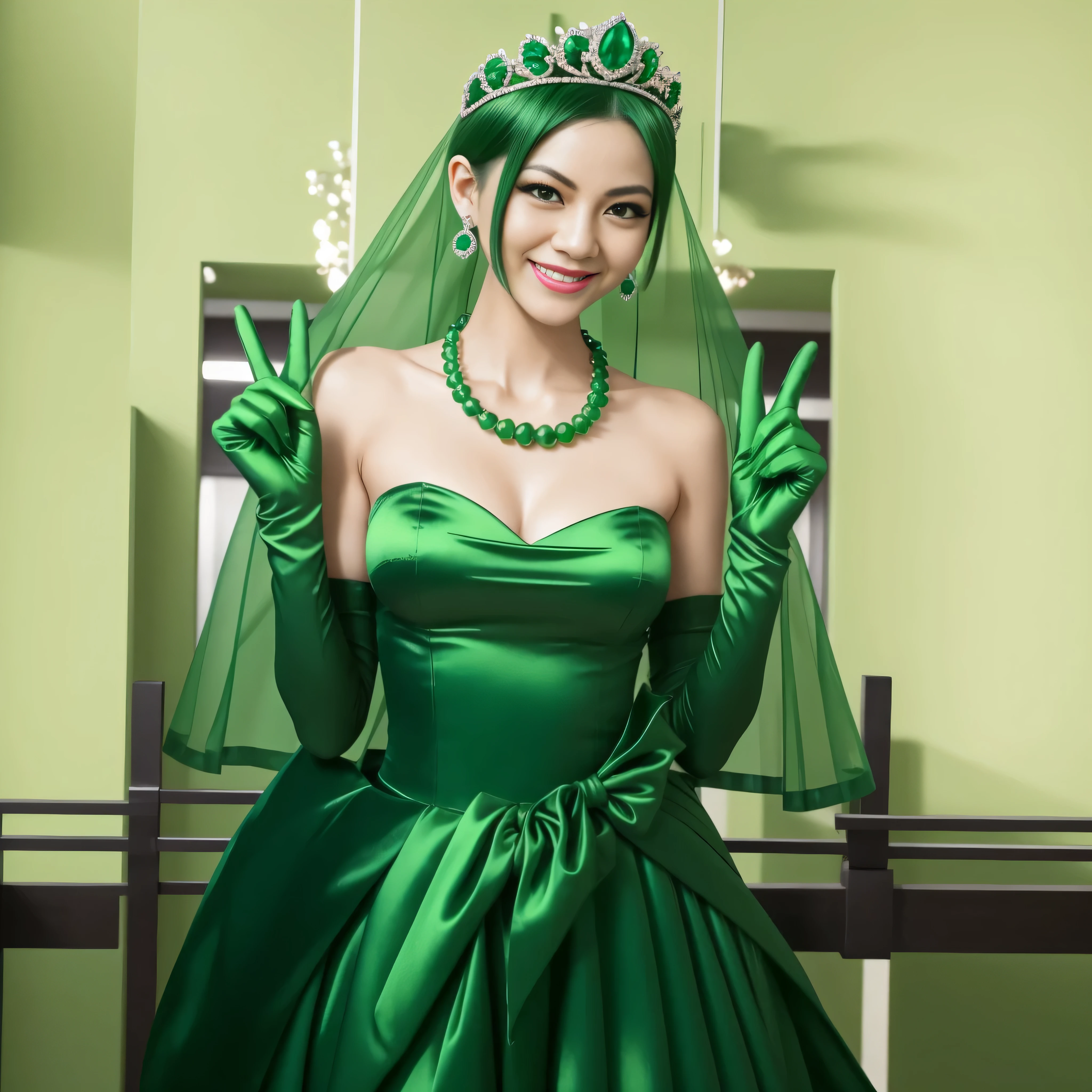 Emerald tiara, Green Pearl Necklace, Boyish very short green hair, lipstick, Smiling Japanese woman, Very short hair, Big tits beautiful, Green Eyes, Long green satin gloves, Green Eyes, v sign, Emerald Earrings, Green Veil
