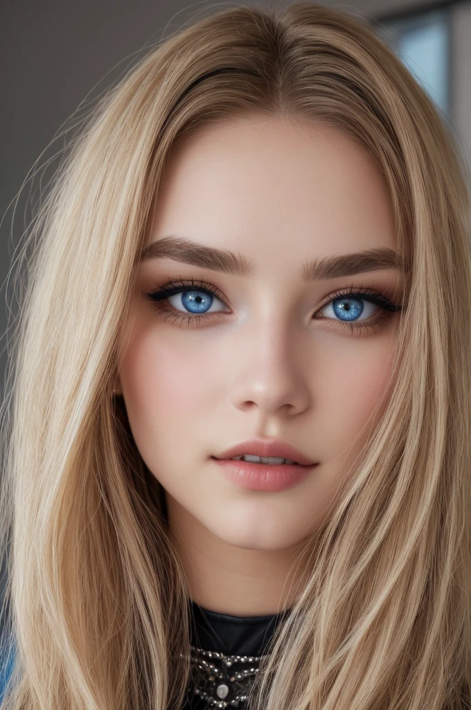 choker, blue eyes, eyeshadow, pupils, eyebrows, nose, lips, teeth, face, dark blonde hair, long hair, 1girl, solo