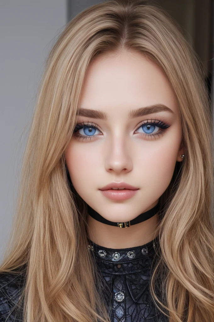 choker, blue eyes, eyeshadow, pupils, eyebrows, nose, lips, teeth, face, dark blonde hair, long hair, 1girl, solo