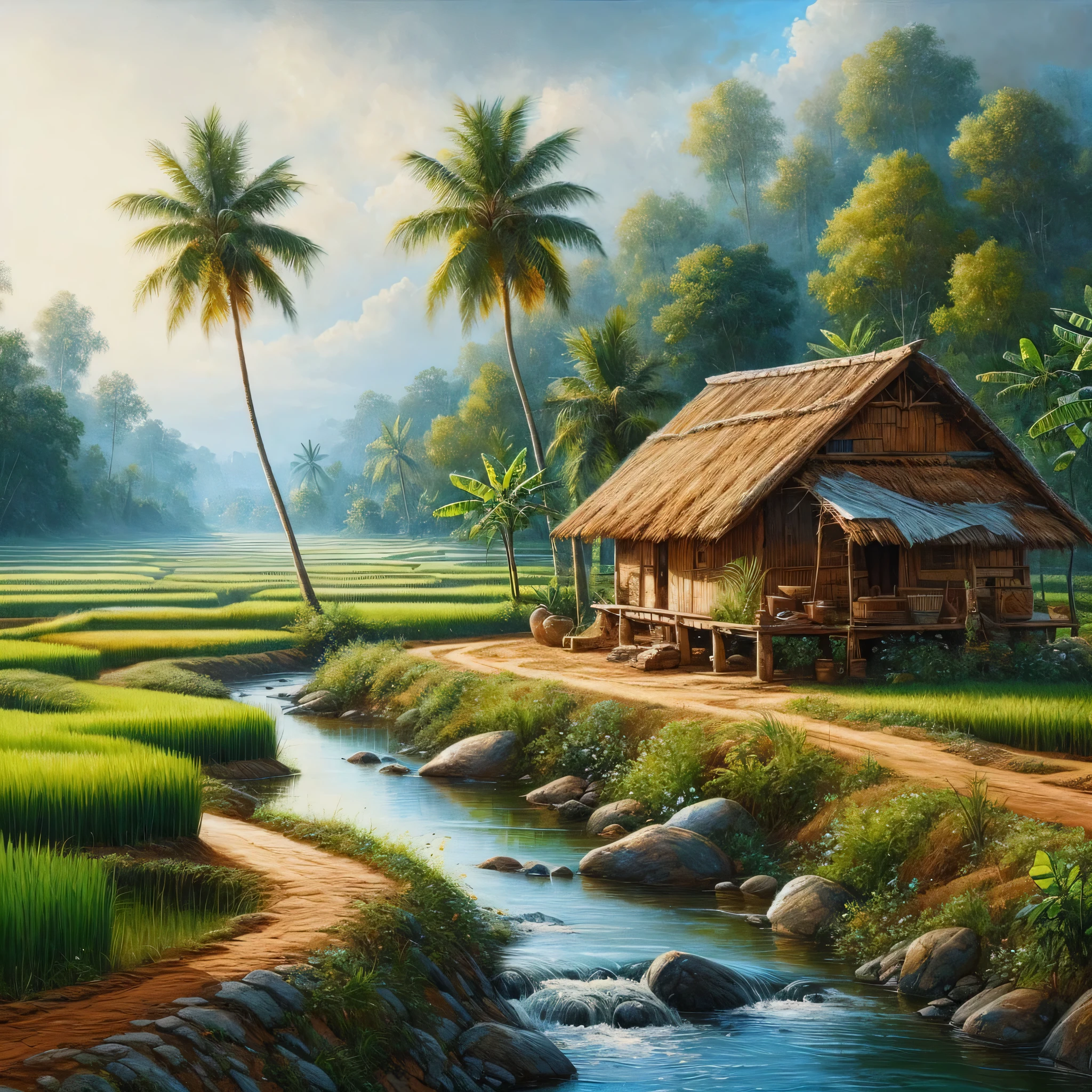 Oil on canvas, painting of a scene, rural home near paddy fields and coconut trees and rivulet in Karnataka, India , Miki Asai Macro photography, close-up, hyper detailed, trending on artstation, sharp focus, studio photo, intricate details, highly detailed, by greg rutkowski