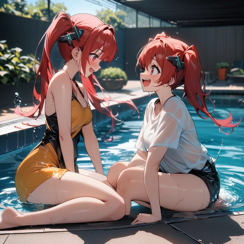 High quality, high definition, hig
h precision images,8k 2Girl Robot Girl、red hair,Twin tails,Red eyes,robot style barrette, The two of them are in the pool, playing around, looking at each other and laughing, both of them getting wet with a lot of water...The sun is shining Full body view,