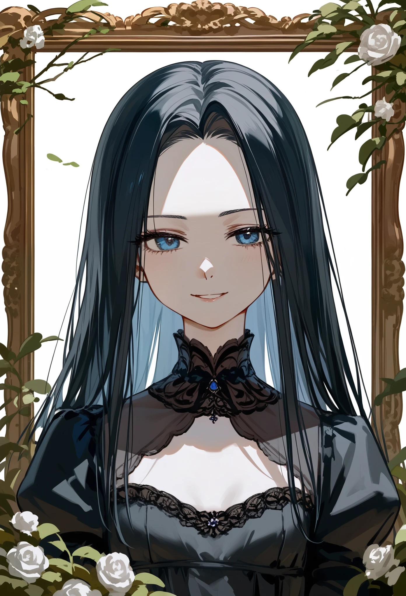 masterpiece, T-ponyai3 style, upper body, score_9, score_8_up, score_7_up, portrait, 1girl, solo, black hair, long hair, parted bangs, dark blue eyes, innexpressive, smirk, cute, pale skin, small breasts, upper body, victorian fashion, black dress, white background, best quality
