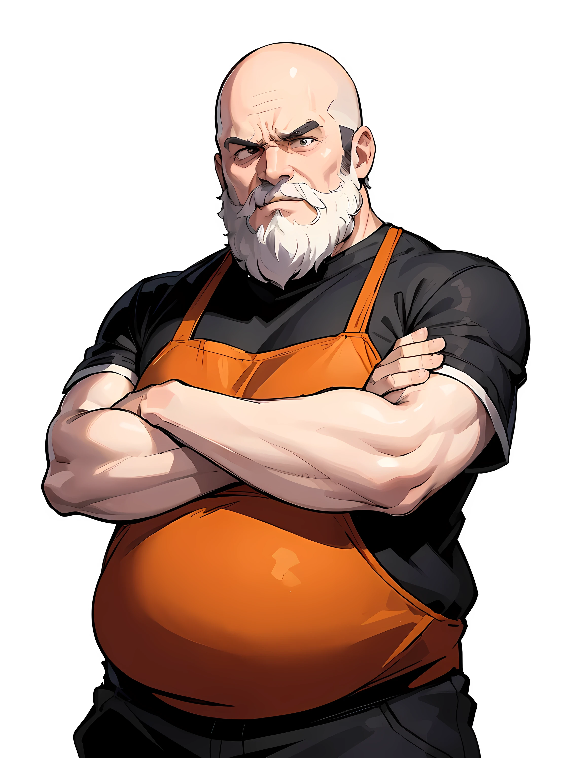 (masterpiece:1.5), (best quality:1.5), butcher clothes, beard, middle aged man, fat, anime character, (white background:1.8), hands crossed, looking at viewer, nearly bald, serious look, very detailed eyes, brown eyes, brown beard, white man, orange clothes, orange butcher clothes, simple background, british style, 20 century style, straight to the camera, full body, (crossed arms:1.4), (short legs:1.4), belly, angry face, standing