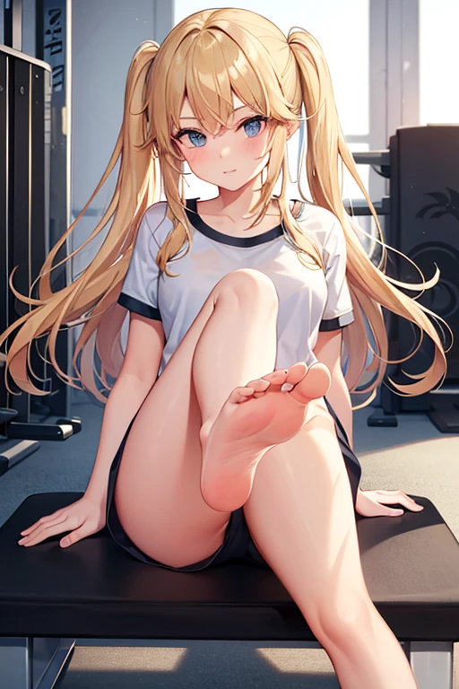 1girl,solo,leg up,barefoot,foot focus,foot up,blond hair, school gym,gym clothes