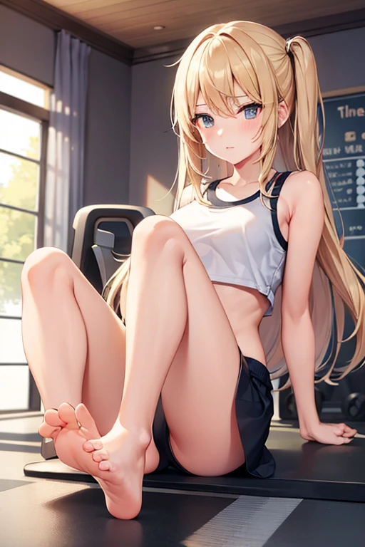1girl,solo,leg up,barefoot,foot focus,foot up,blond hair, school gym,gym clothes
