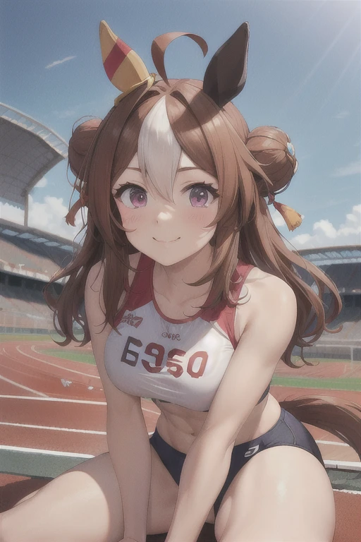 copano rickey \(umamusume\), ((ultra-detailed face)), symmetrical face, beautiful face, (masterpiece), best quality, muscle, abs, horse tail, large tits, smile, athletics track, sports bra, hand between legs, stadium