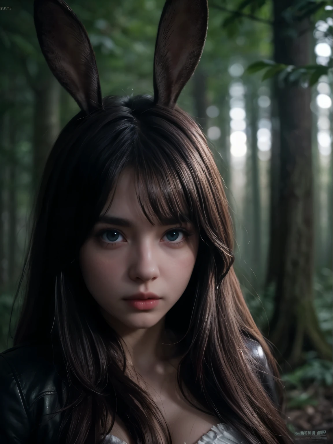 Create a sexy rabbit girl in a super realistic and detailed version as a semi-human girl of the real world rabbit species, make her face on in a dark forest at night. Blur the background of the image by highlighting the Rabbit girl in first person. Add a cinematic dark effect to the scene in a professional realistic photography style. 