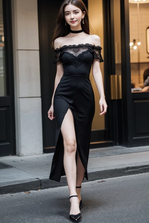 Brunette hair, Slick Back hair, smile, beautiful hand, beautiful legs, beautiful finger, beautiful foot, Slim waist, slim hips, slim thighs, skinny body, Tall, Small Ass, natural tits, full body, picture take entire-body, Oval Face, Earrings, show out butt, wearing a light black intricate lace design off-shoulder long dress, choker, front view, wearing Ballet Flats, walking on street.
