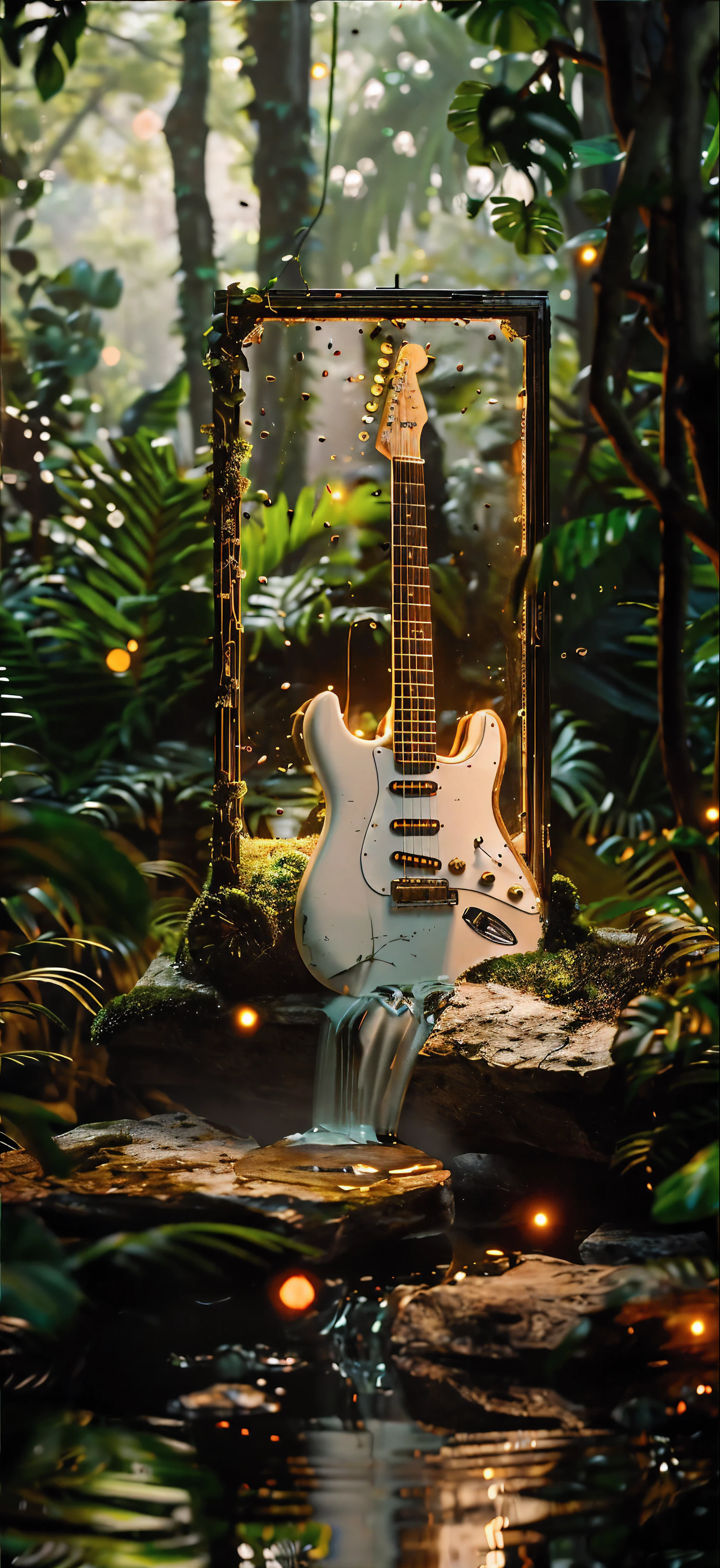 ((masterpiece)), ((best quality)), 8k, HD,There is a guitar in the mirror in the woods, Fender Stratocaster, close up portrait photography, Guitar concept art, Jungle garbage, Daily Rendering, Alexey Yegorov, magic jungle, fan art, Philip Hodas's Artistic Style, Magical environment, Environmental photography, In a jungle environment, Magical composition, close up, Close-up portrait shot, Futuristic electric guitar
