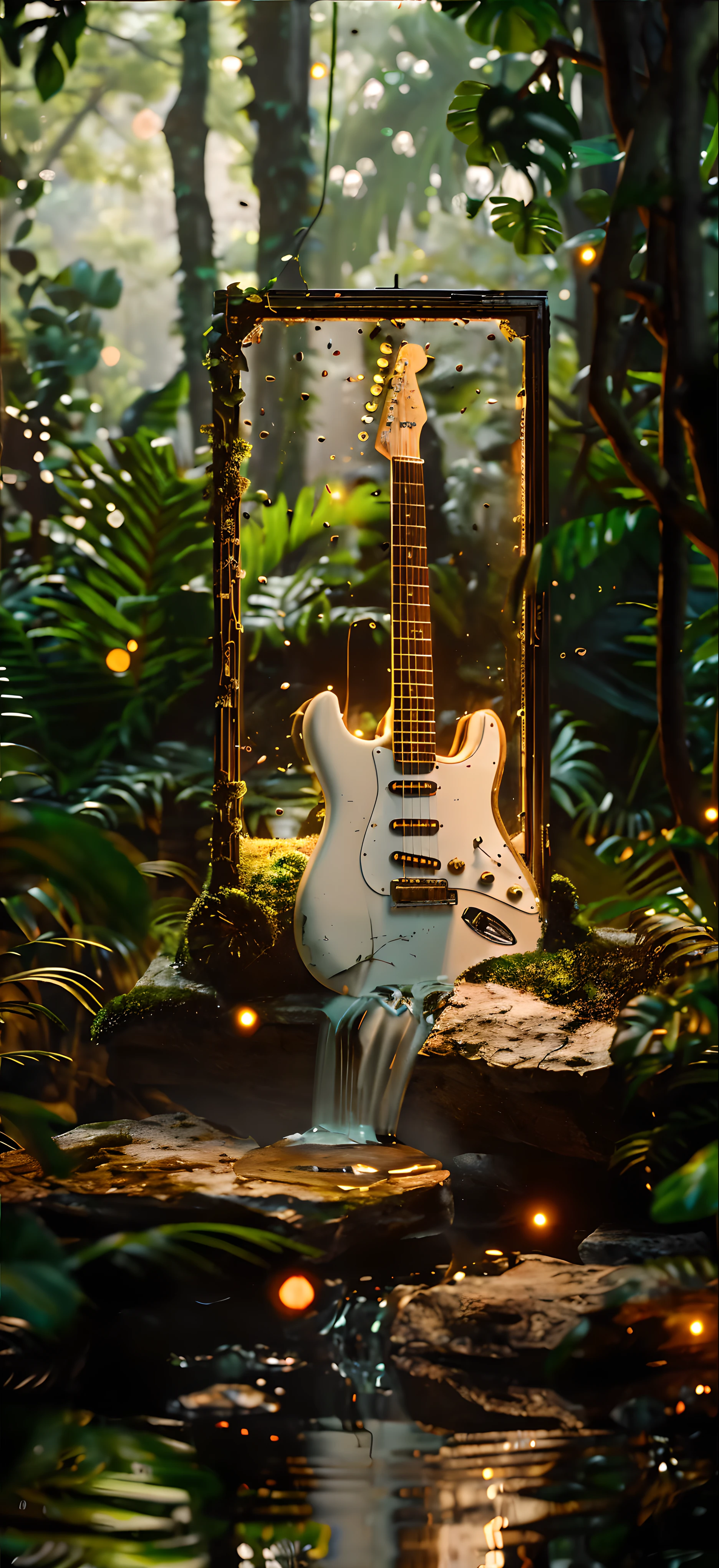 ((masterpiece)), ((best quality)), 8k, HD,There is a guitar in the mirror in the woods, Fender Stratocaster, close up portrait photography, Guitar concept art, Jungle garbage, Daily Rendering, Alexey Yegorov, magic jungle, fan art, Philip Hodas's Artistic Style, Magical environment, Environmental photography, In a jungle environment, Magical composition, close up, Close-up portrait shot, Futuristic electric guitar
