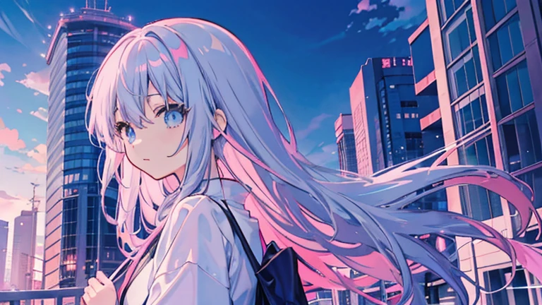 Anime images of Japan１People Girl、blue eyes、Pink long hair、Grey long T-shirt、 Tokyo cityscape、blue sky、White cloud、Size is 16:9 please