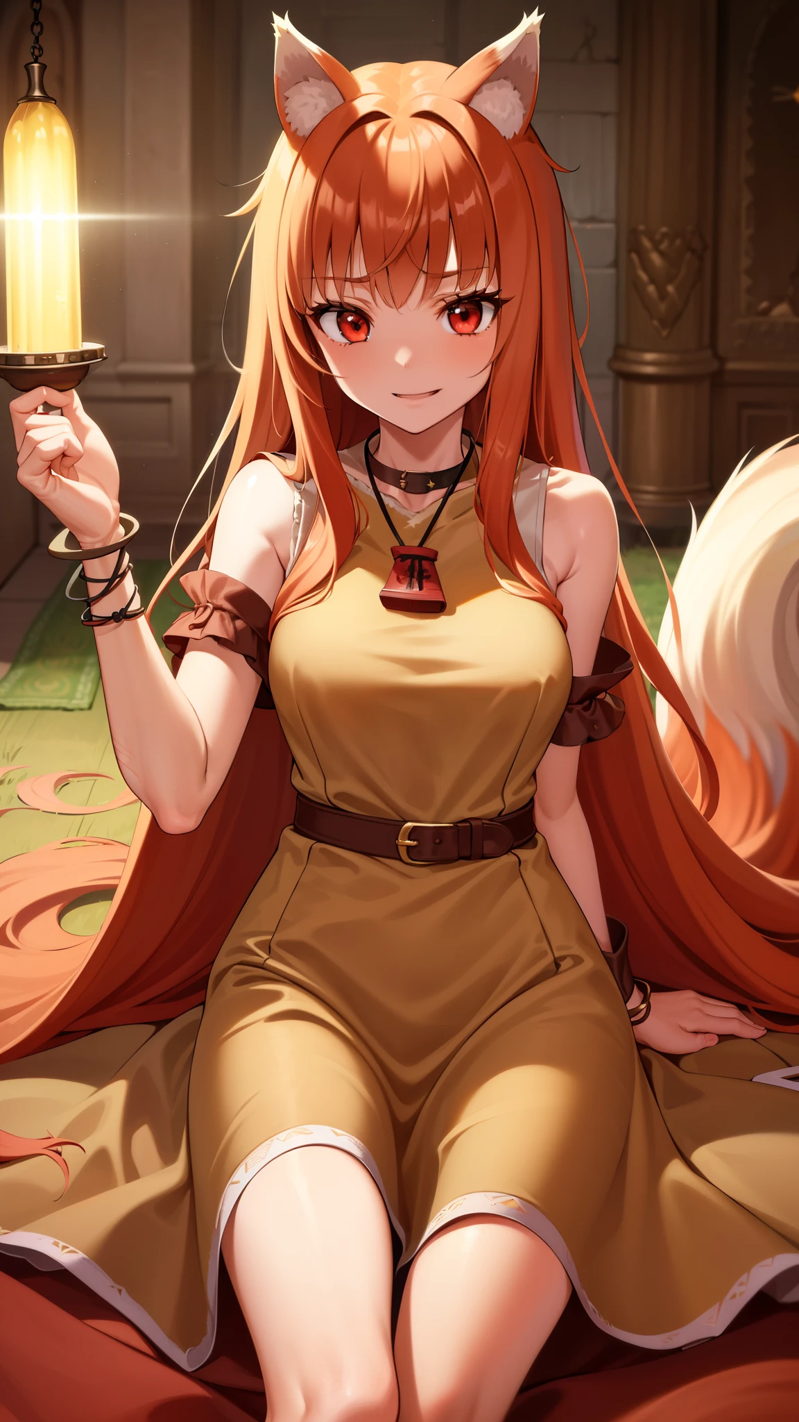  Ultra-detailed, HDR, UHD, ultra-fine painting, physical based rendering, extreme detail description, Professional, full-length portrait, landscape, style of Concept Artists, with a vibrant color palette, soft-lighting, 1girl, long hair, brown hair, animal ears, red eyes, wolf tail, necklace, ((wearing light goddess dress, holy light cloth:1.35)), (with wolf ears), (red wolf girl, Wolf Female), (muscular strong body), (body scars, damaged), holy magic, seductive sexy pose