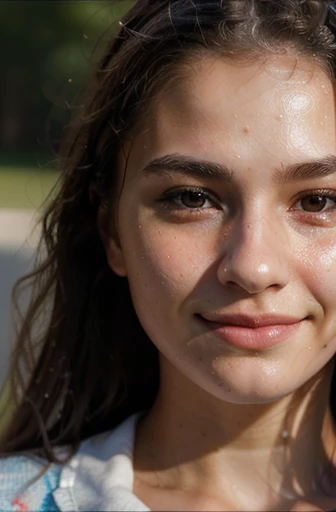  there is a close up face of a 15 old years old girl face with a wet face, hyper realistic nose, ultra-realistic , hyperrealistic , hyper realistic eyes, highly realistic, ultra realistic , detailed realistic lips, ultrarealistic , hyperrealistic photo, realistic detailed photo, ultra realistic face, ultra realistic, portrait, masterpiece, best quality, 8k, detailed skin texture, detailed face texture, beautiful detailed face, ultra detailed motion blur, glowing light, reflection light, blending, drop shadow, super detail, highres, 8, A cute girl, perfect face, bueatifull ((15 years old girl)) 14 years old girl, masterpiece, super detail, high details, high quality, 8k, ((looking a side)) ((smiling face))