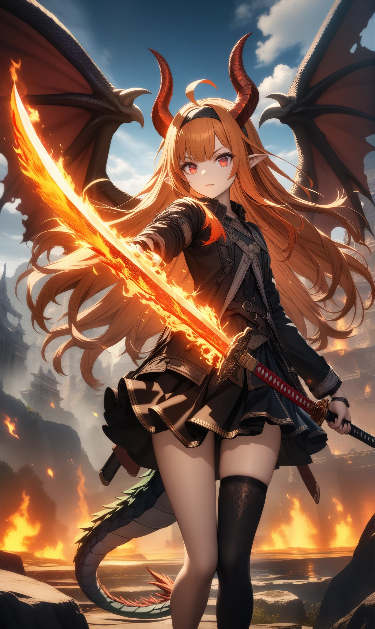 32k, best quality, ultra high res, HDR, UHD, extremely detailed CG, unity 32k wallpaper, 16k, 1girl, solo, long hair, bangs, skirt, red eyes, thighhighs, holding, tail, weapon, ahoge, multicolored hair, hairband, wings, horns, pointy ears, sword, holding weapon, orange hair, holding sword, katana, fire, single thighhigh, sheath, dragon horns, dragon girl, dragon tail, unsheathing, dragon wings, breathing fire, flaming weapon, flaming sword,