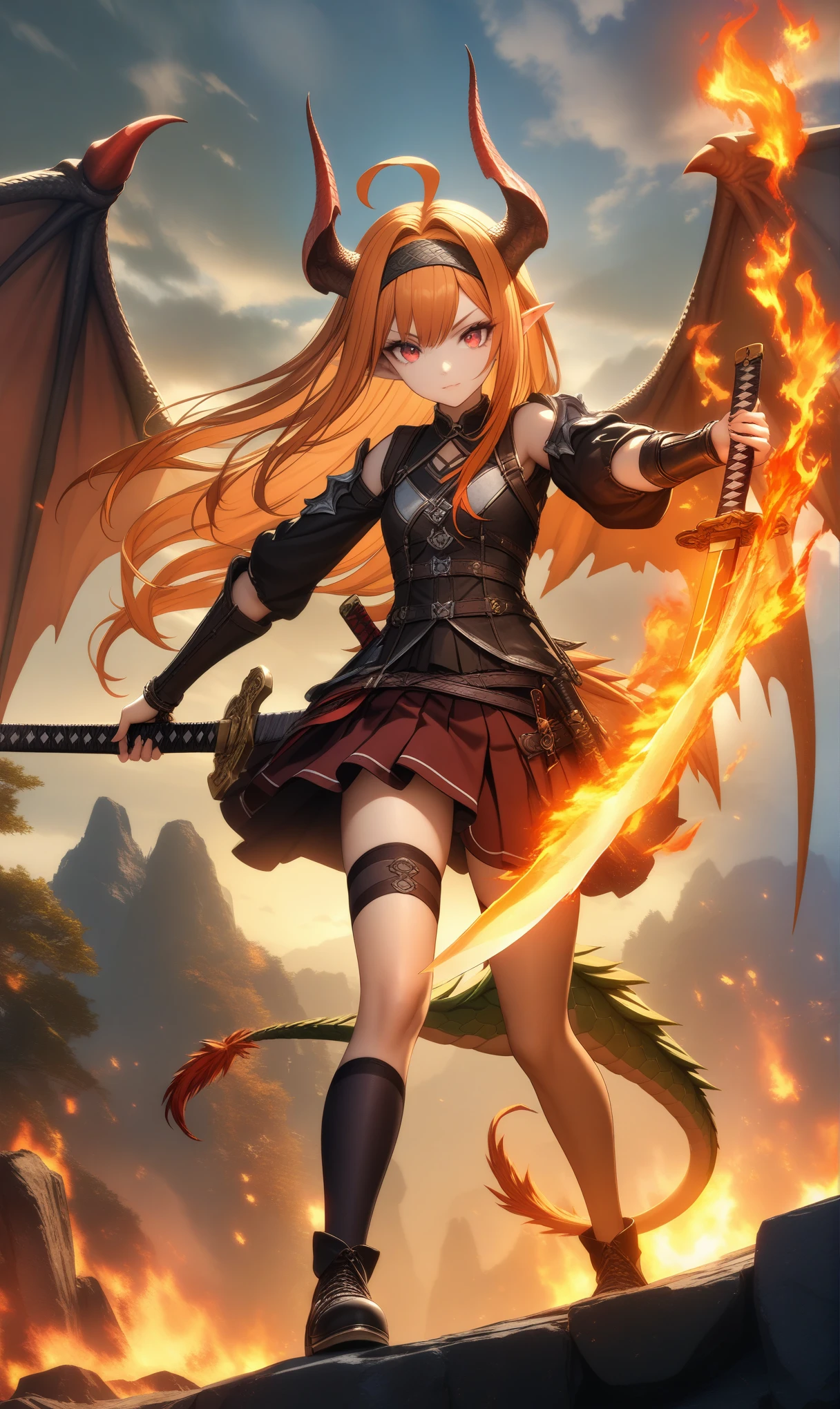 32k, best quality, ultra high res, HDR, UHD, extremely detailed CG, unity 32k wallpaper, 16k, 1girl, solo, long hair, bangs, skirt, red eyes, thighhighs, holding, tail, weapon, ahoge, multicolored hair, hairband, wings, horns, pointy ears, sword, holding weapon, orange hair, holding sword, katana, fire, single thighhigh, sheath, dragon horns, dragon girl, dragon tail, unsheathing, dragon wings, breathing fire, flaming weapon, flaming sword,