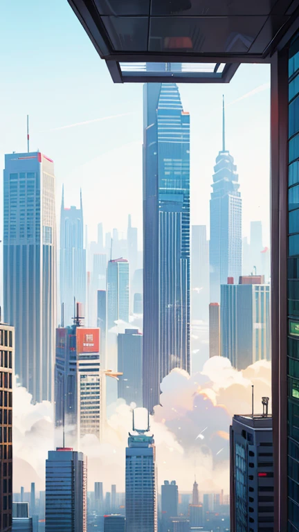 Show a bustling urban landscape, with skyscrapers towering in the background.