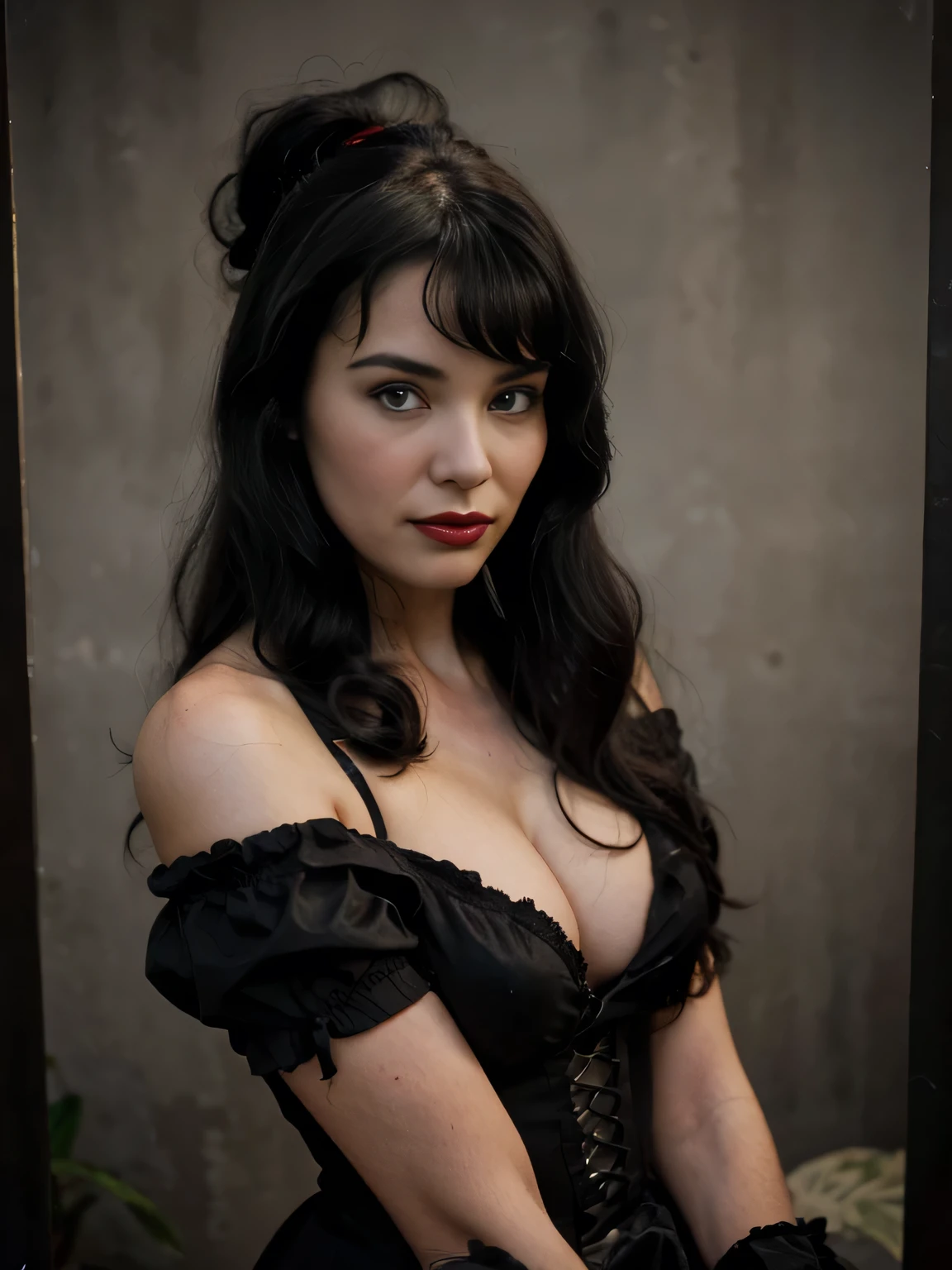 Portrait of a Vampire Bettie page, Long black curly hair, Dressed as an American colonizer 17th century, Very Young Woman