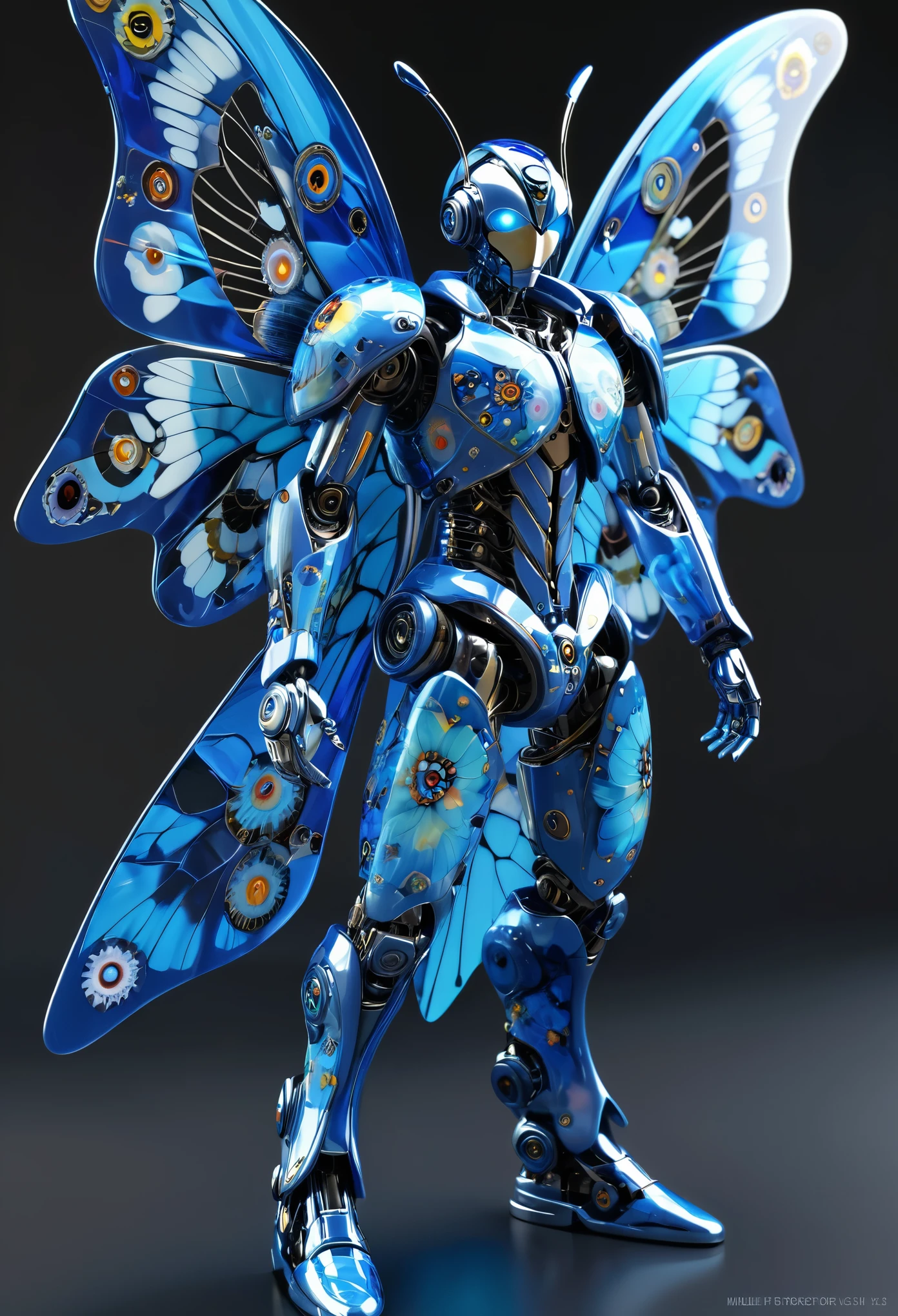 Millefiori glass style,Blue Butterfly Man,Blue butterfly wings,Standing,dynamic姿势,cute,gear,mechanical,Mecha,Cyberpunk,mechanical设计,Blue Gemstone,Futurism,Science Fiction,Flying,dynamic,concept,Lifelike,hyper-realistic,Unreal Engine 5