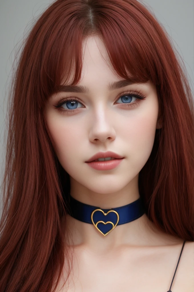 heart choker, blue eyes, eyeshadow, pupils, eyebrows, nose, lips, teeth, face, dark red hair, long hair, 1girl, solo