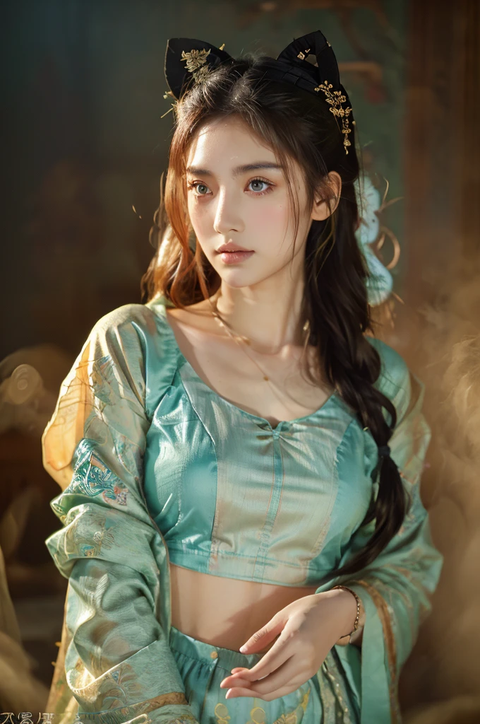 ( masterpiece, top quality, best quality,8k,17 years old girl,ultra detailed,raw photo:1.5),(photorealistic:1.4),(cinematic lighting), PerfectNwsjMajic, , Surrealism, UHD, ccurate, Super detail, textured skin, High detail, Best quality, dynamic angle, (high nose,White skin),[Beautiful blue eyes],(1girl),(good anatomy:0.5)), dunhuang_style, Dreamy atmosphere,expressive brush strokes, mystical ambiance, Artistic interpretation, a whimsical illustration, Subtle colors and tones, straight face