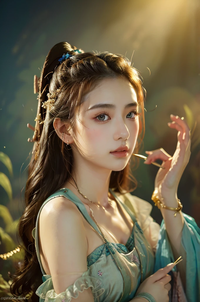 ( masterpiece, top quality, best quality,8k, girl,ultra detailed,raw photo:1.5),(photorealistic:1.4),(cinematic lighting), PerfectNwsjMajic, , Surrealism, UHD, ccurate, Super detail, textured skin, High detail, Best quality, dynamic angle, (high nose,White skin),[Beautiful blue eyes],(1girl),(good anatomy:0.5)), dunhuang_style, Dreamy atmosphere,expressive brush strokes, mystical ambiance, Artistic interpretation, a whimsical illustration, Subtle colors and tones, straight face