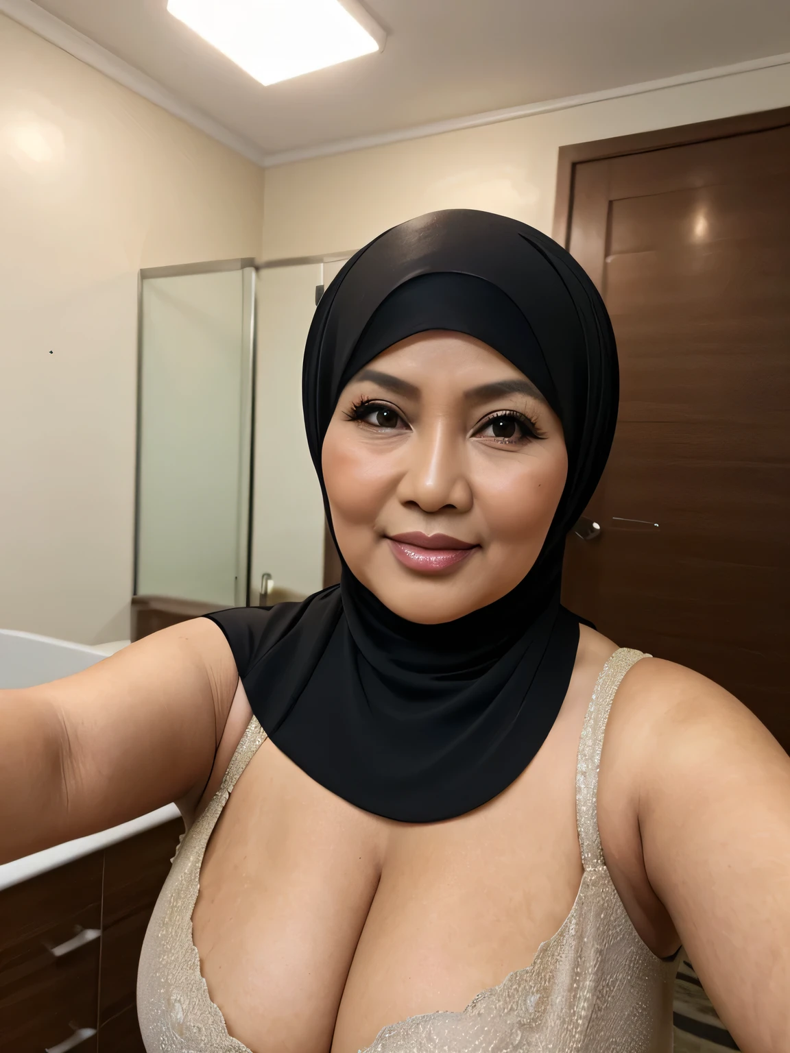 ((selfie photo)) (Realistic) ((Sexy Hijab)) (real mature face) (old beauty) 62 Years old fat Indonesian mature woman, sexy curvy, (sexy chubby body shape), (natural makeup), Big : 34.9, Breast about to burst Out, (exposed cleavage) (old woman in Jakarta) soft smile, facing at camera, half body - professional photography with excellent lighting. Dynamic background
