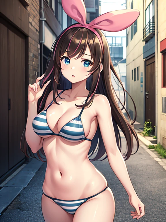 Shot in a back alley,whole body,highest quality, One girl, kizuna ai, Long Hair, Brown Hair, Multicolored Hair,Floating Hair, Pink Hairband, Striped Hair, Pink Hair, blue eyes,Big Breasts、Cleavage、bikini