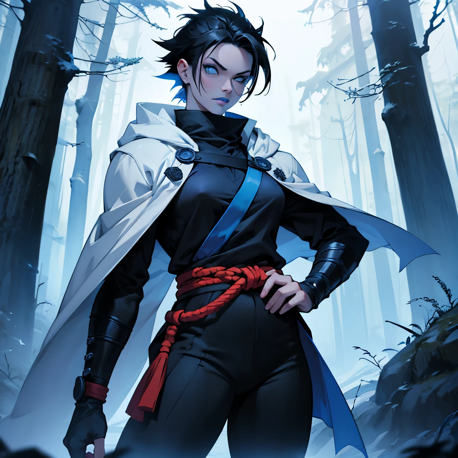 Ninja Woman, White cloak, short hair, Black hair, blue eyes, bare hands, ice themed, black pants, blue top clothes, ninja pose, forest background, blue lipstick, Naruto Style Clothes