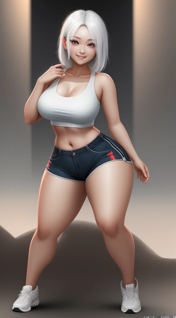 Masterpiece, maximum quality, ultra high resolution, 8k, Korean girl (extremely beautiful), white hair, full body, thin, detailed face, detailed eyes, mischievous smile, wide hips, thick thighs, smooth and soft pellet, wearing micro shorts and micro tank top