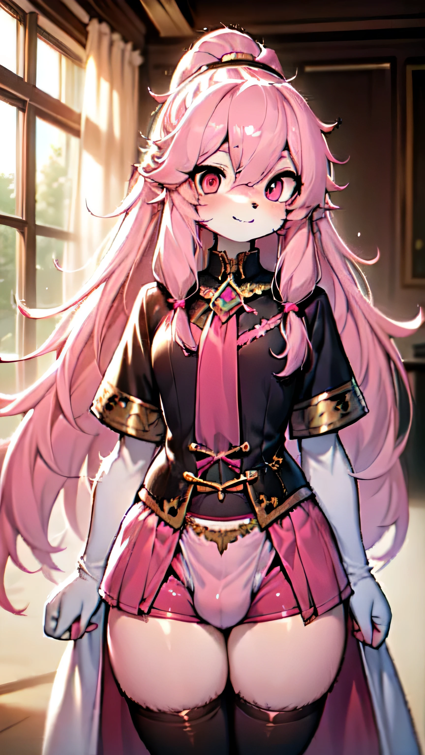 Idol Girl，Pink hair，hairy，Furry girl，Pink long hair，Fox Girl，Tight Fit，Bulge between the thighs，Crotch bulge，Bulge between the thighs，juvenile，Shota，Crotch bulge，Crotch bulge，Double ponytail hairstyle，enthusiasm，Sunlight，Full of vitality，Idol，Gauze，Silk Skirt，draped in silk，translucent shawl，Interior scene