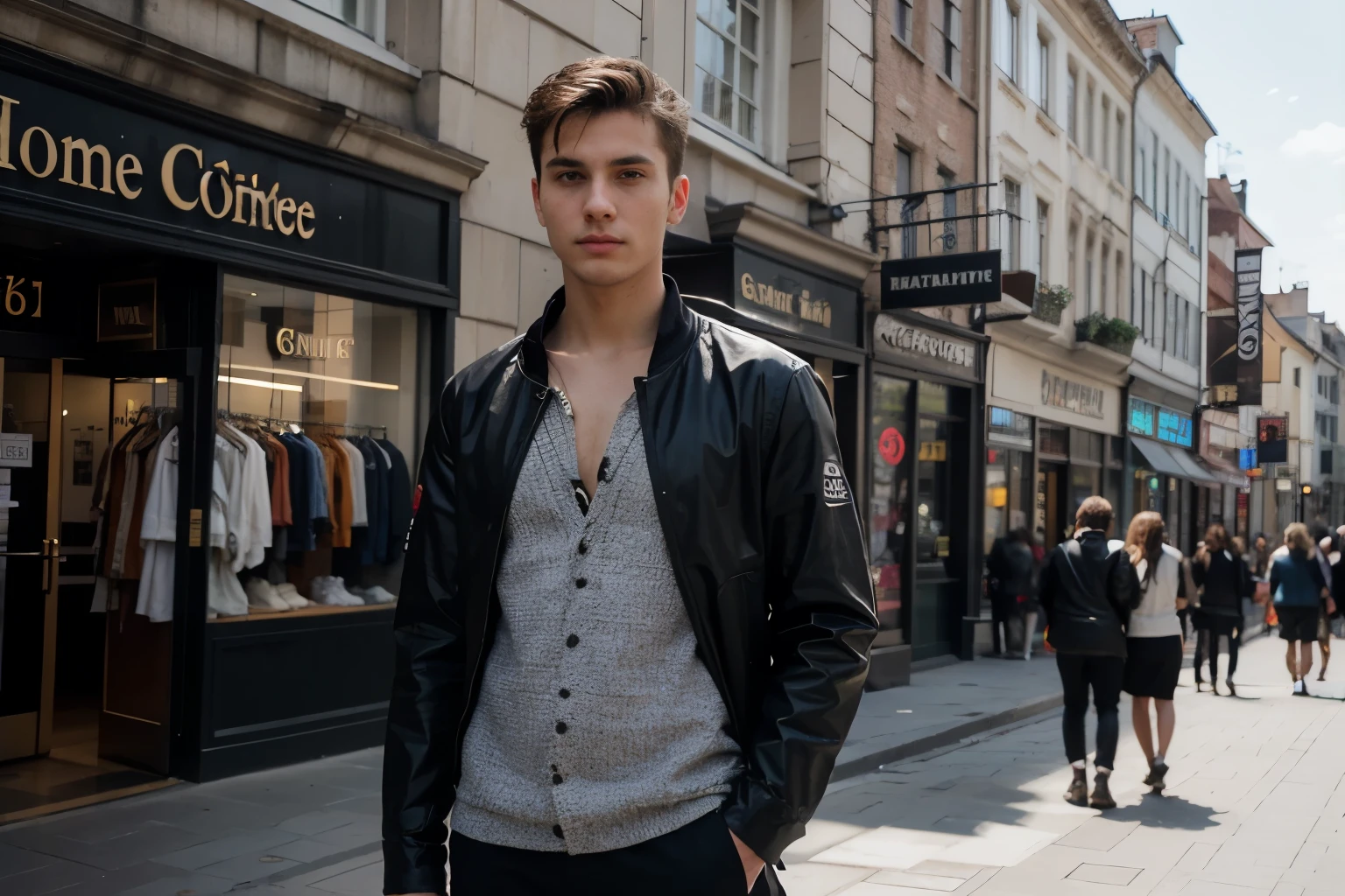 ((best quality)), ((masterpiece)), (detailed), perfect face,
Handsome guy, 24 years old, good looking, gothic, hacker, dominant, standing in city center. standing sideways with face looking at a clothing shop