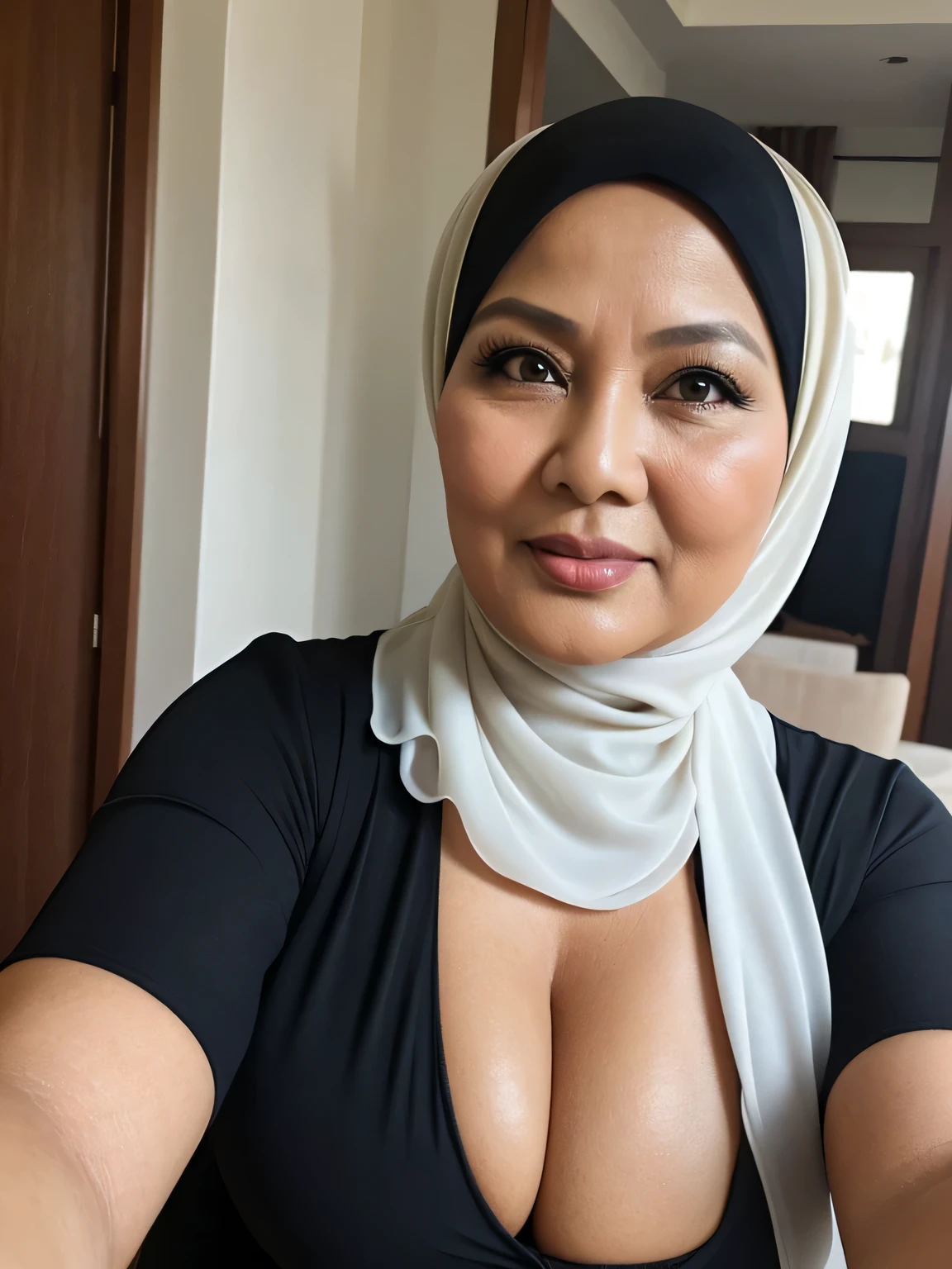 ((selfie photo)) (Realistic) ((Sexy Hijab)) (real mature face) (old beauty) 62 Years old fat Indonesian mature woman, sexy curvy, (sexy chubby body shape), (natural makeup), Big : 34.9, Breast about to burst Out, (exposed cleavage) (old woman in Jakarta) soft smile, facing at camera, half body - professional photography with excellent lighting. Dynamic background