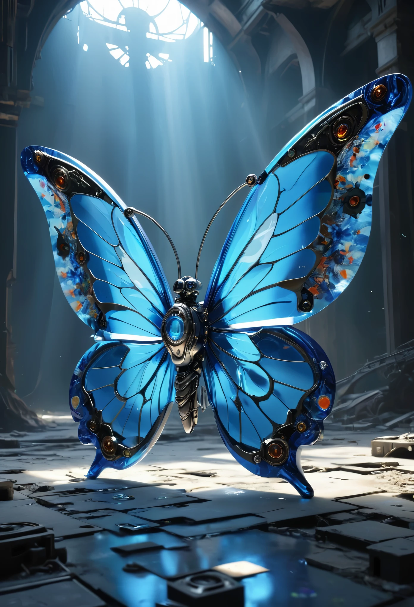 Millefiori glass style,Blue Butterfly Man,Blue butterfly wings,Standing,dynamic姿势,cute,gear,mechanical,Mecha,Cyberpunk,mechanical设计,Blue Gemstone,Futurism,Science Fiction,Flying,dynamic,concept,Lifelike,hyper-realistic,Unreal Engine 5,rays of black light,reflection,shadow,dystopian background,ruins,Dystopian world