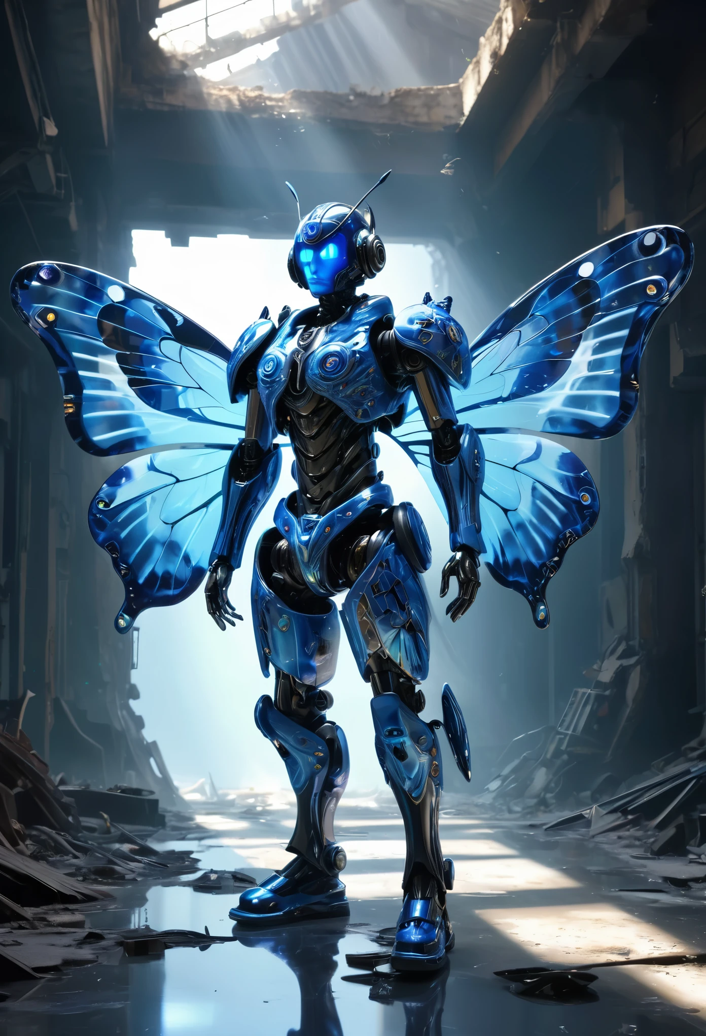 Millefiori glass style,Blue Butterfly Man，Blue butterfly wings，Standing，dynamic姿势，cute，gear，mechanical，Mecha，Cyberpunk，mechanical设计，Blue Gemstone，Futurism，Science Fiction，Flying，dynamic，concept，Lifelike，hyper-realistic，Unreal Engine 5，rays of black light，reflection，shadow，dystopian background，ruins，Dystopian world