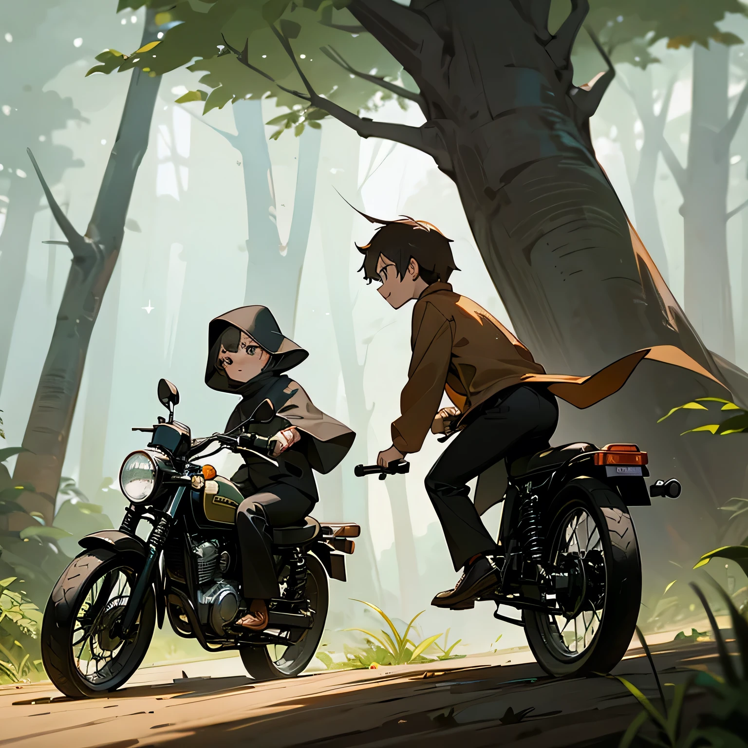 Two jawa bike riders- one girl and other a boy, both ride black bikes, in the pleasent forest
