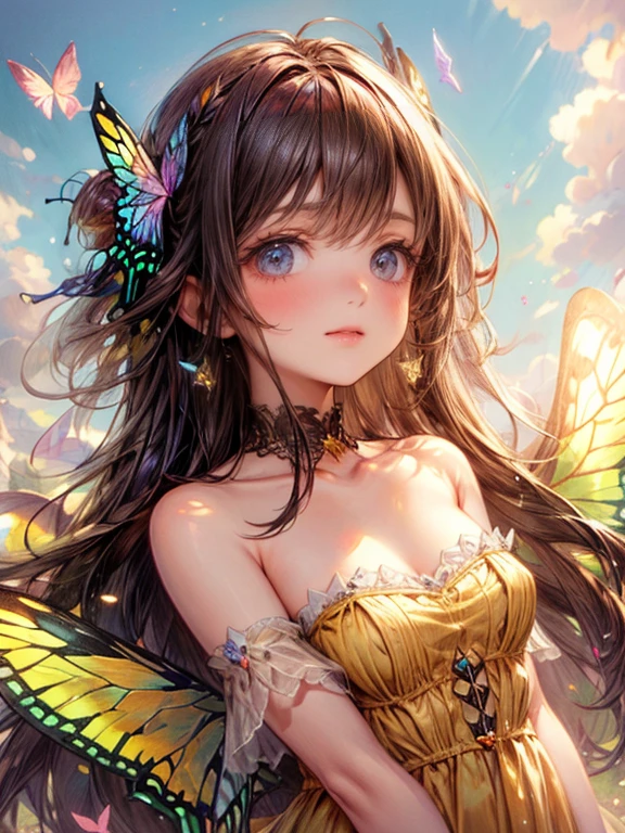 masterpiece, highest quality, 8k, highres, beautiful highest details, soft sunlight, butterfly spirit girl, in flower garden, yellow dress, bare shoulder, strapless, tears, rainbow butterfly wings:1.2, flying sky:1.2, view from below, delicate eyes, sparkling eyes, bright rosy lips, gentle smile, looking up at the sky, 