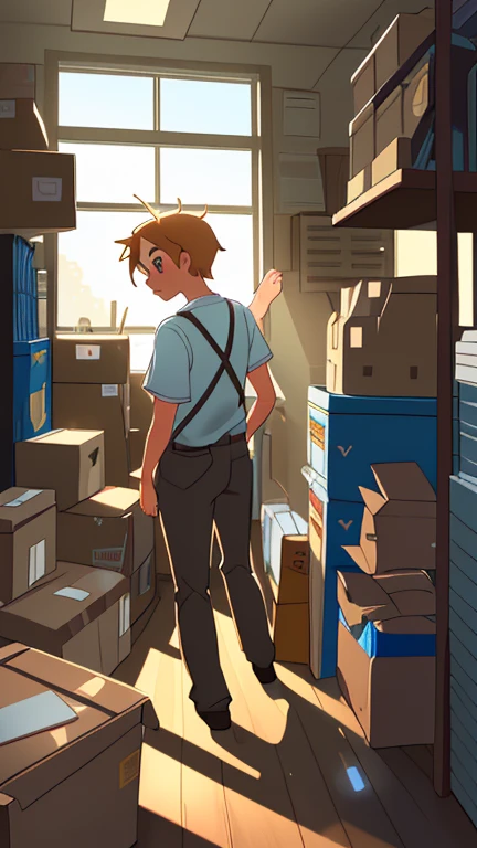 Light streams through the window, illuminating Alex as he rummages through storage boxes.