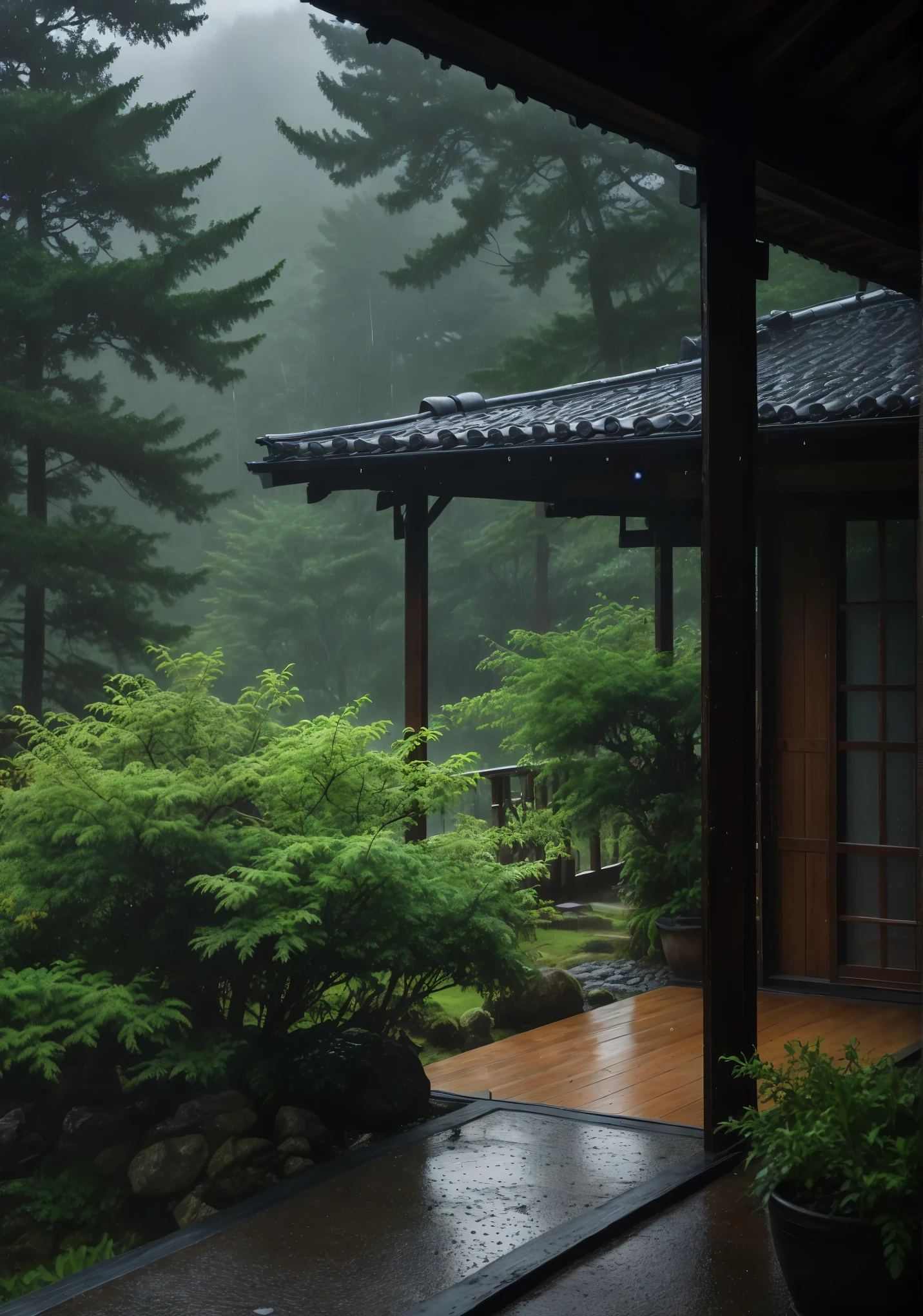 there is a small wooden building with a roof and a door, lush japanese landscape, misty garden, quiet and serene atmosphere, japanese house, roofed forest, japan lush forest, inspired by Shūbun Tenshō, japanese village, mist, japanese landscape, countryside in japan, misty and raining, mist and rain, japanese temple, japanese onsen