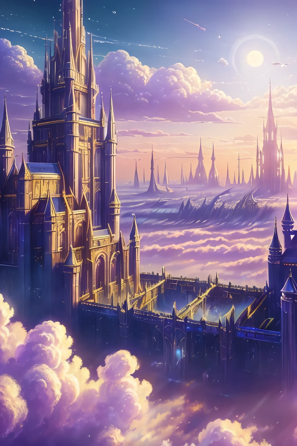 ((master piece)), best quality, (8k, best quality, masterpiece:1.2), ultra-detailed, illustration, big fantasy city, Science fiction, ethereal city, Floating city, many planets in the skies, clouds around, celestial architecture, purple energy scarring around, Giant castle in the center, astral skies