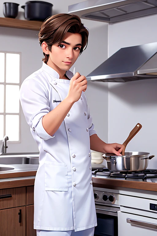 Hombre joven, cabello rapado a los lados color rubio peinado hacia arriba, light brown eyes, dressed in a white chef suit with blue lines cooking in a kitchen Japanese food.