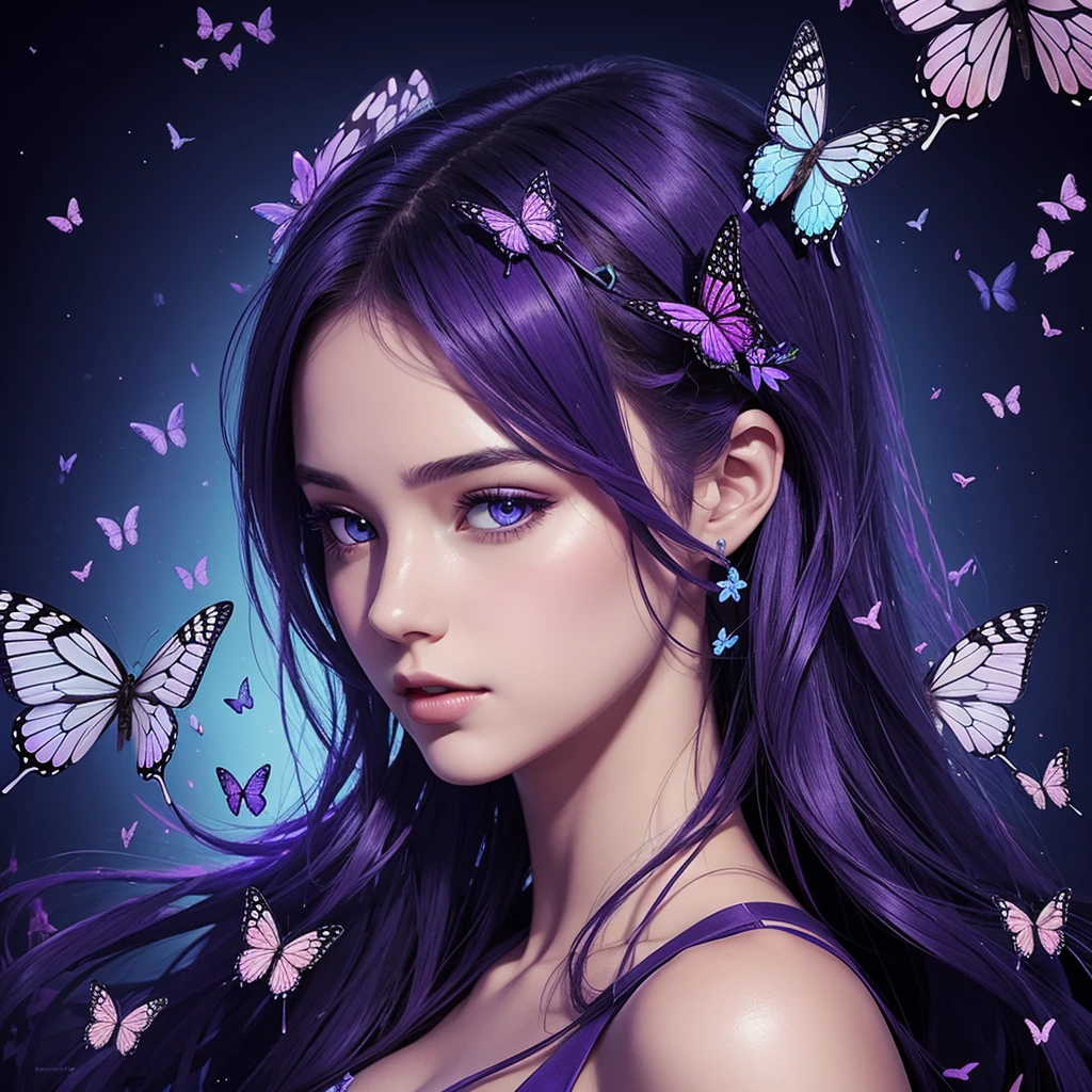 (masterpiece, top quality, best quality, official art, beautiful, cosmic, atmospheric, psychedelic, dreamlike and aesthetic:1.2), (1girl, purple hair, tons of tattoos and piercings), extreme detailed,(fractal art:1.3),colorful,highest detailed, cherry blossoms and butterflies blowing in the wind