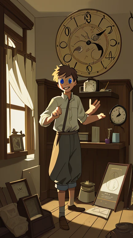 His eyes light up with excitement as he uncovers an old wall clock hidden among the items. The clock emits a soft glow in the dim room.