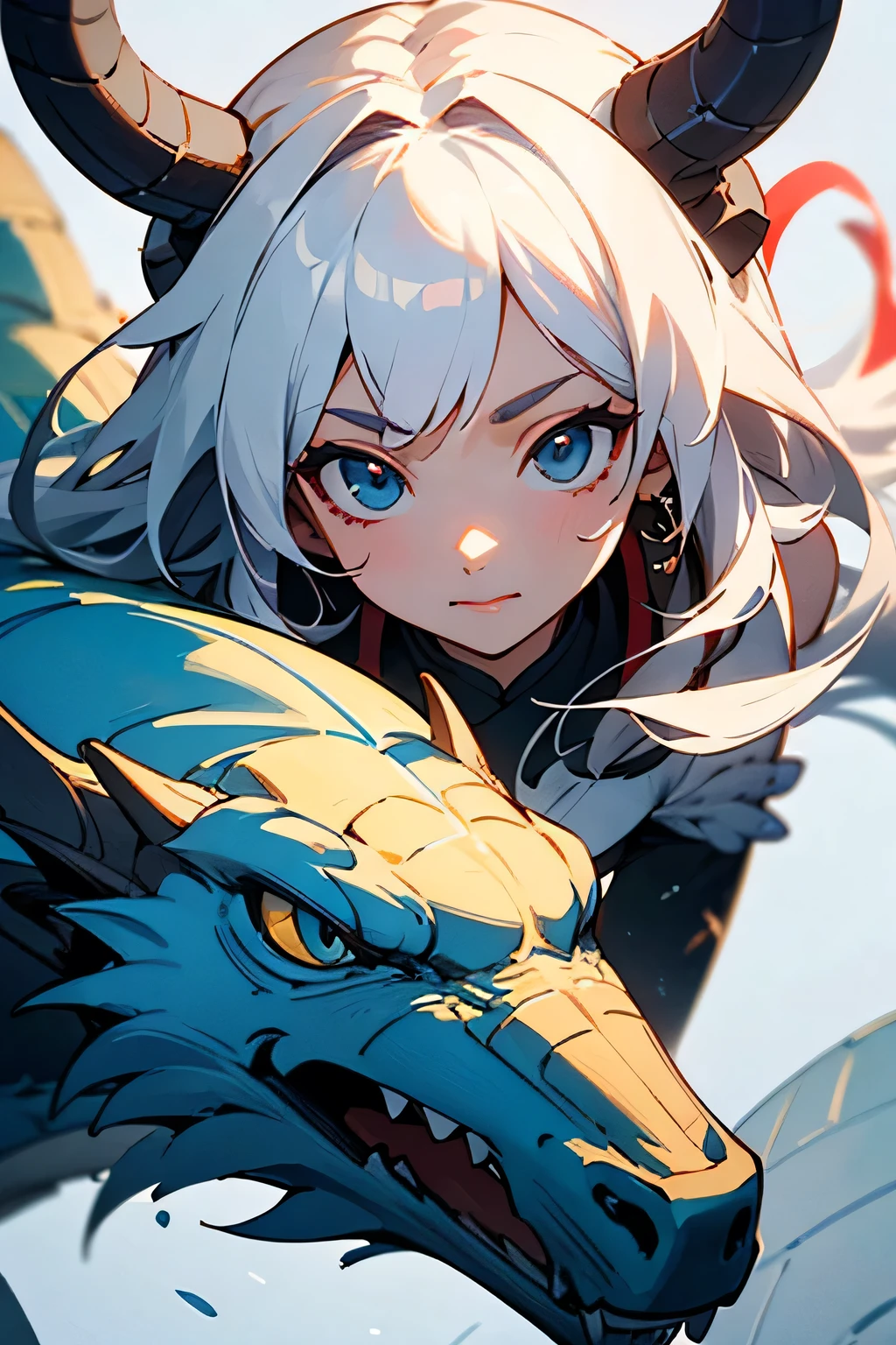 White haired girl with red streaks blue eyes Streaked hair,, Blue eyes Triple braids with a dragon next to her Illustration, surrealism, Multiple views,